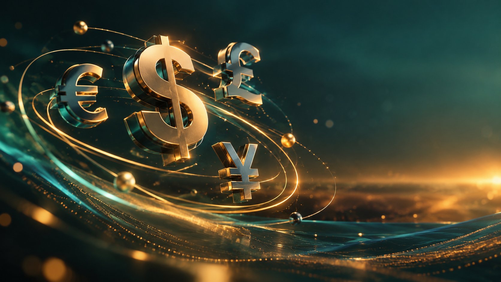 Floating 3d currency symbols of the dollar euro pound and yen orbiting each other