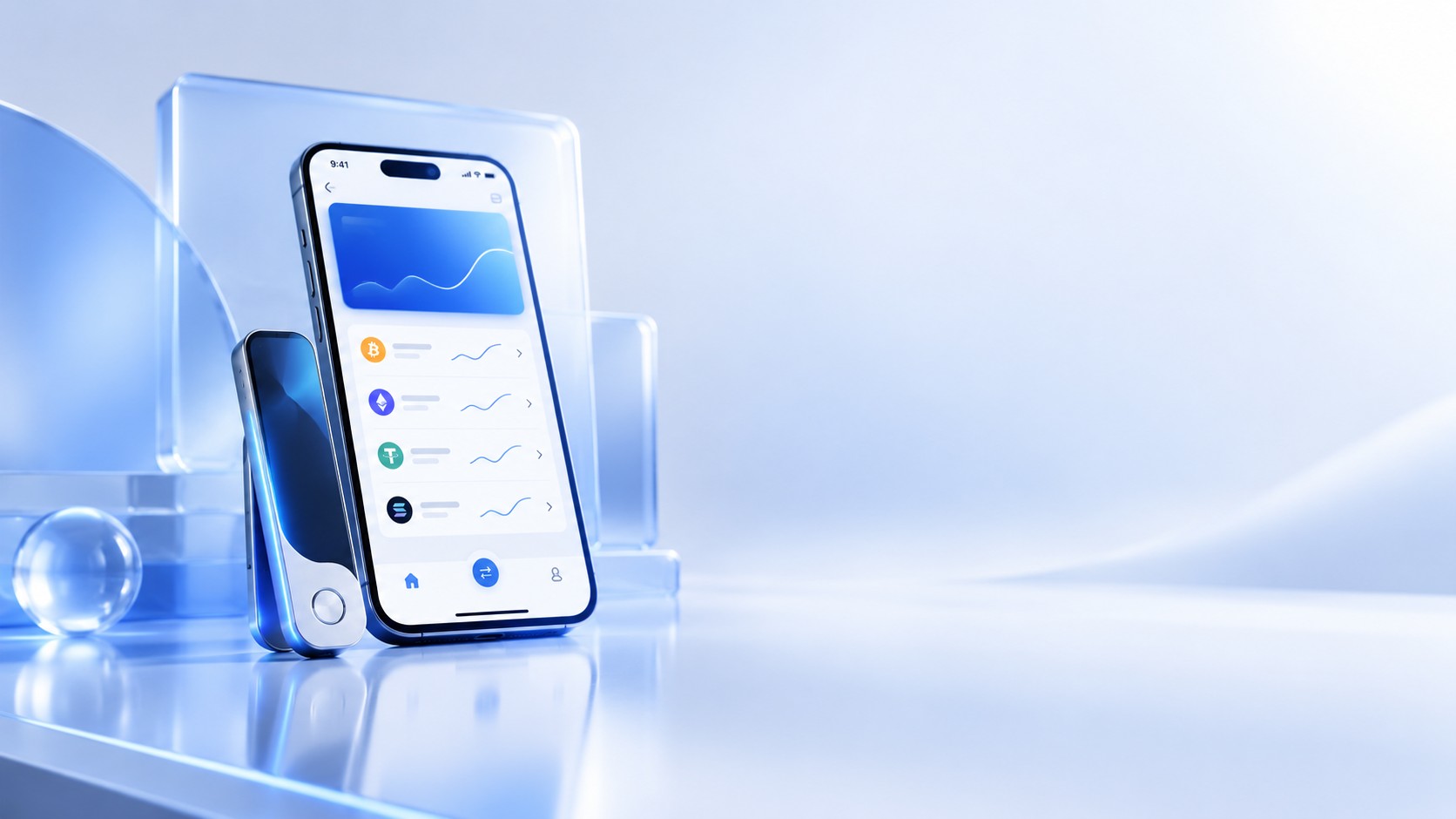 Sleek hardware crypto wallet device next to a smartphone wallet app